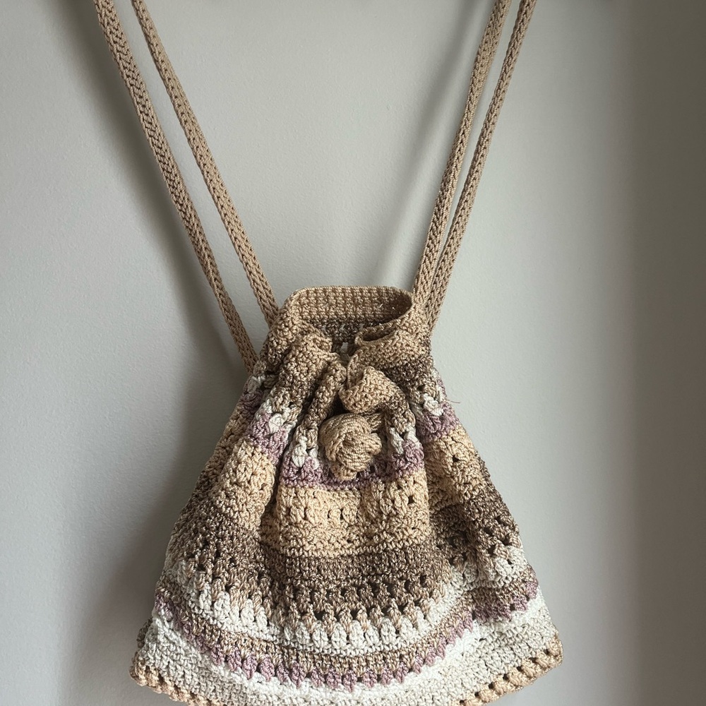 The ask Handcrafted Crochet backpack Bag in Tan and Cream